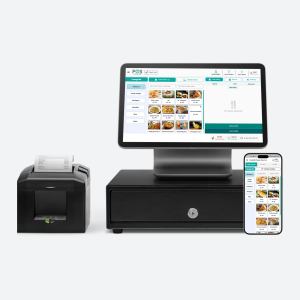 Image of a server using a portable POS device at a restaurant table, improving payment efficiency and customer service.