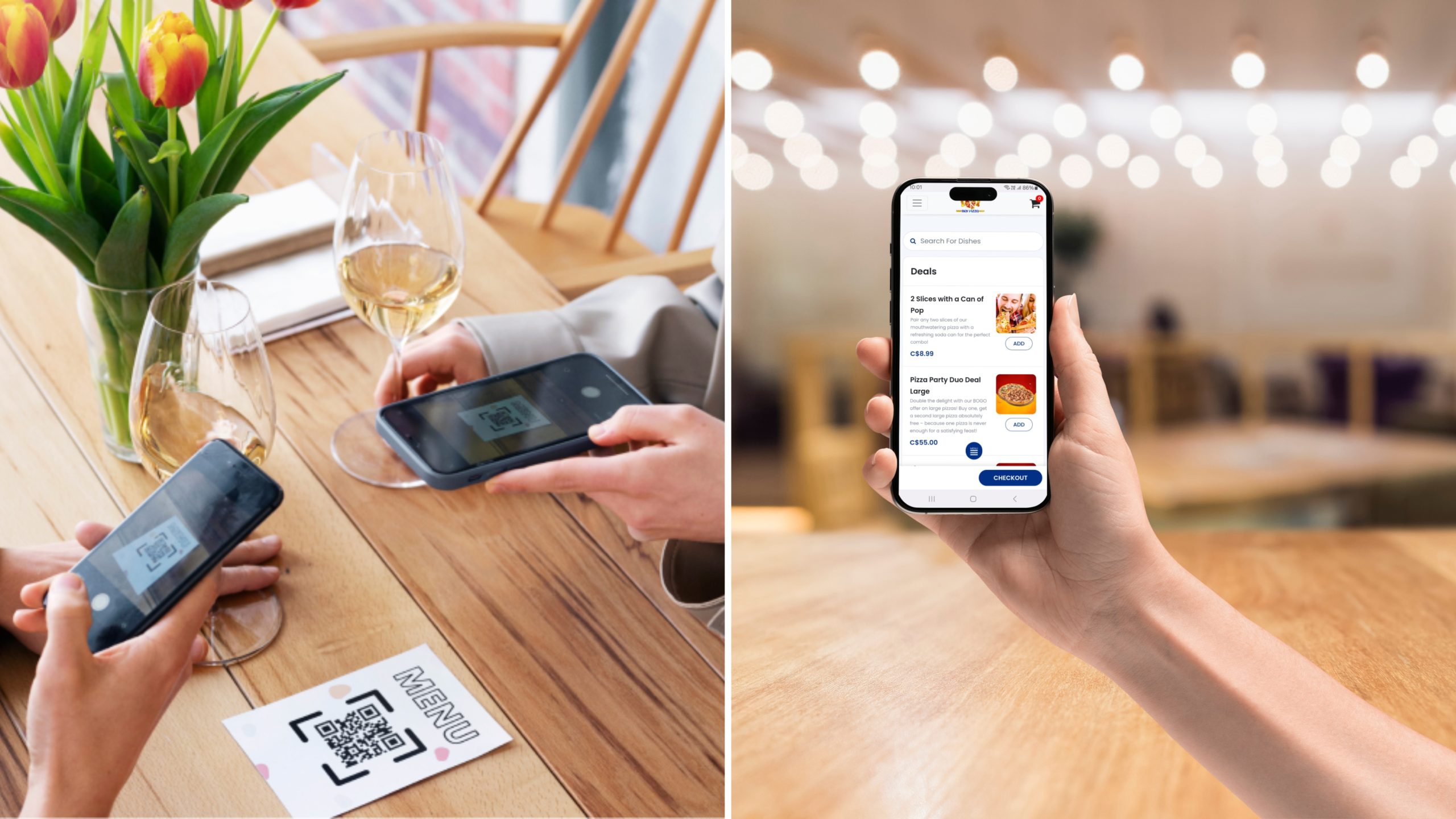 The Future of Dining: Contactless Ordering by FoodChow with hands scanning QR code menu and holding phone displaying digital menu on restaurant table