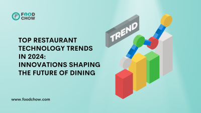 Top Restaurant Technology Trends 2024: Innovations & Solutions with graphics illustrating mobile ordering, AI, and data insights for restaurants.